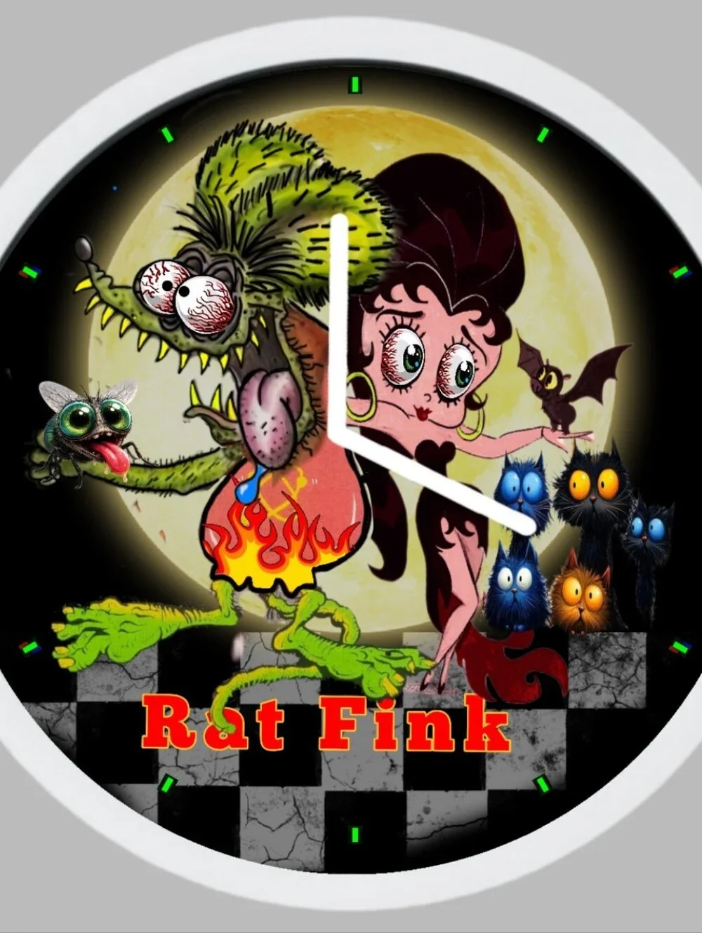 Rat Fink  And Betty Boop Graphic Wall Clock - Colorful Monster & Pin-Up Art